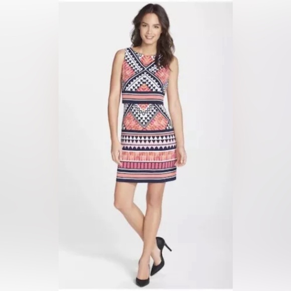 Eliza J popover shift dress, pink navy geo pattern, sz 8, EUC - Picture 3 of 14